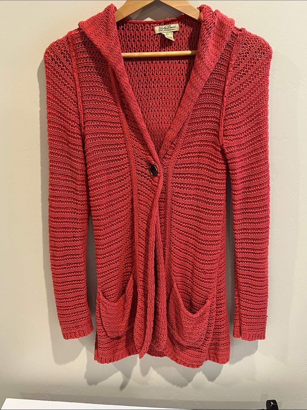 Lucky Brand Open Knit Hooded Cardigan - Red
